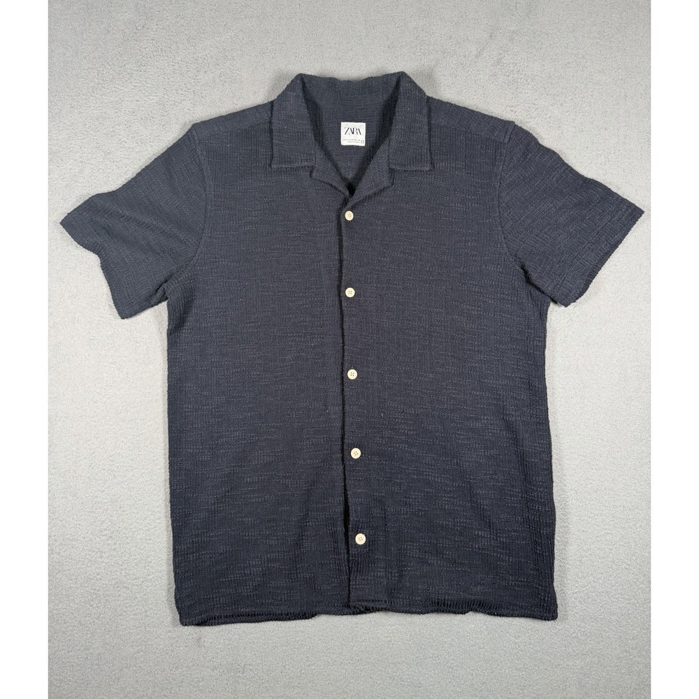 Zara Man Textured Short Sleeve Button Up Shirt Grey Navy Size M 7545/216/401